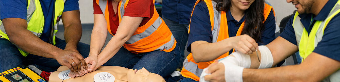 Industrial workers participating in CPR, AED, and first aid training during a workplace safety class in Huntsville, Alabama.